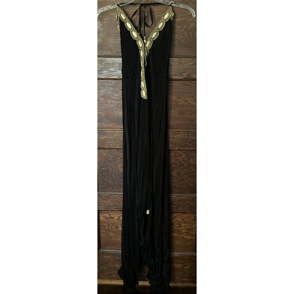 Asa Kaftans Black Gold Beading Halter Dress w/ Double Tie Front Robe Sz L / XL - Picture 2 of 16